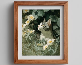 May include: A framed wall art print featuring a tabby cat with white markings looking upward amidst a cluster of white daisies and green foliage. The artwork is encased in a medium-toned wooden frame with a white mat border surrounding the image.