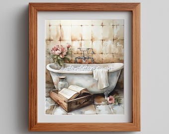 Akwarela na ścianę z wanną na nóżkach, wystrój łazienki w stylu vintage, kobieca sztuka do druku, cyfrowa do pobrania