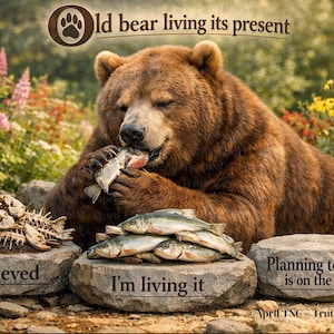 Puede incluir: Un oso pardo comiendo un pez, con el texto "Old bear living its present". La imagen incluye texto en piedras: "Achieved", "I'm living it" y "Planning to catch is on the way".