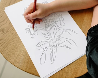 Página para colorear de flores PNG para niños y adultos, hoja imprimible para colorear, arte botánico creativo y divertido