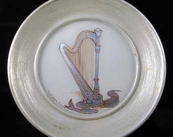 Pair of Circle Silver-Framed Reverse Painted Glass Musical Instruments Harp Mandolin Violin Banjo W Eager Studio Paintings