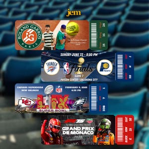 Peut inclure: Quatre billets d'événements sont présentés, dont des billets pour un match de tennis, les finales NBA, le Super Bowl et le Grand Prix de Formule 1. Chaque billet affiche les détails de l'événement, y compris les dates, les heures et les informations sur le lieu.