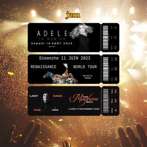 Könnte beinhalten: Drei schwarze, rechteckige Konzerttickets mit weißem Text und Bildern. Das obere Ticket zeigt Adele in Munich am Samstag, den 10. August 2024. Das mittlere Ticket zeigt die Renaissance World Tour vom 11. Juni 2023. Das untere Ticket zeigt Lady Gaga.