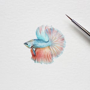 Pode incluir: Aquarela de um peixe Betta, também conhecido como peixe-combatente. O peixe tem um corpo azul, com uma cauda e barbatanas fluidas em tons de vermelho, laranja e azul claro. A obra de arte está em papel branco, com um pincel no canto superior direito.