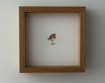 Roodborstje. Kunstafdruk van origineel aquarel miniatuurschilderij. Kleine kunst (10 x 10 cm)