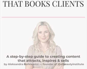 May include: A digital download cover with the title "SOCIAL MEDIA THAT BOOKS CLIENTS" and a woman in the centre. The cover includes text about content creation and is a Social Media eBook.