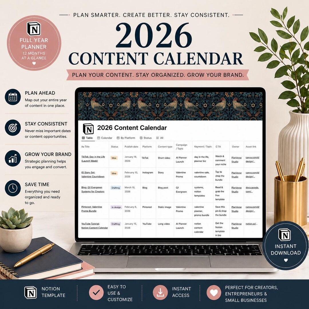 2026 Content Calendar Notion Template, Social Media Planner, Content ...