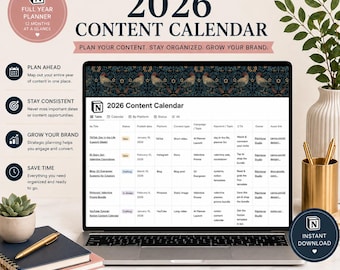 Plantilla de calendario de contenido 2026 para Notion, planificador de redes sociales, sistema de planificación de contenido, planificador para creadores, descarga digital.