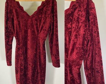 1990s Vintage Crushed Velvet Dress Long Sleeve Scalloped Neck Medium Red Burgundy Nineties Grunge Above Knee Short Women