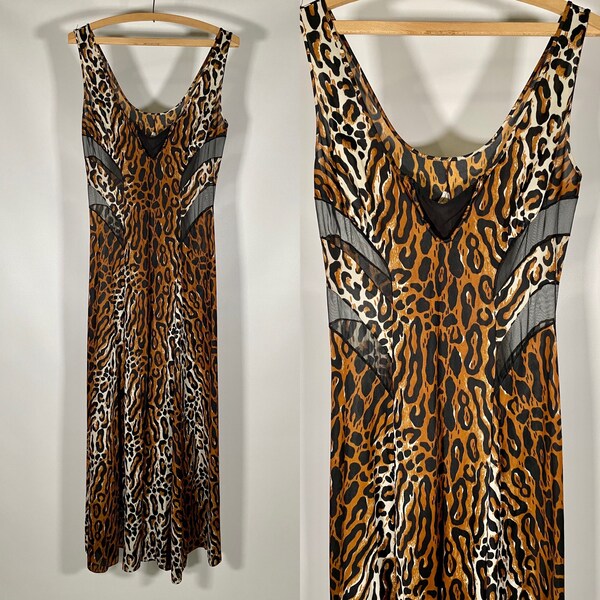 1970s Vintage Long Leopard Print Negligee FREE SHIPPING Linda Lingerie Seventies Sheer Maxi dress gown Medium Mob Wife Aesthetic Rock n Roll