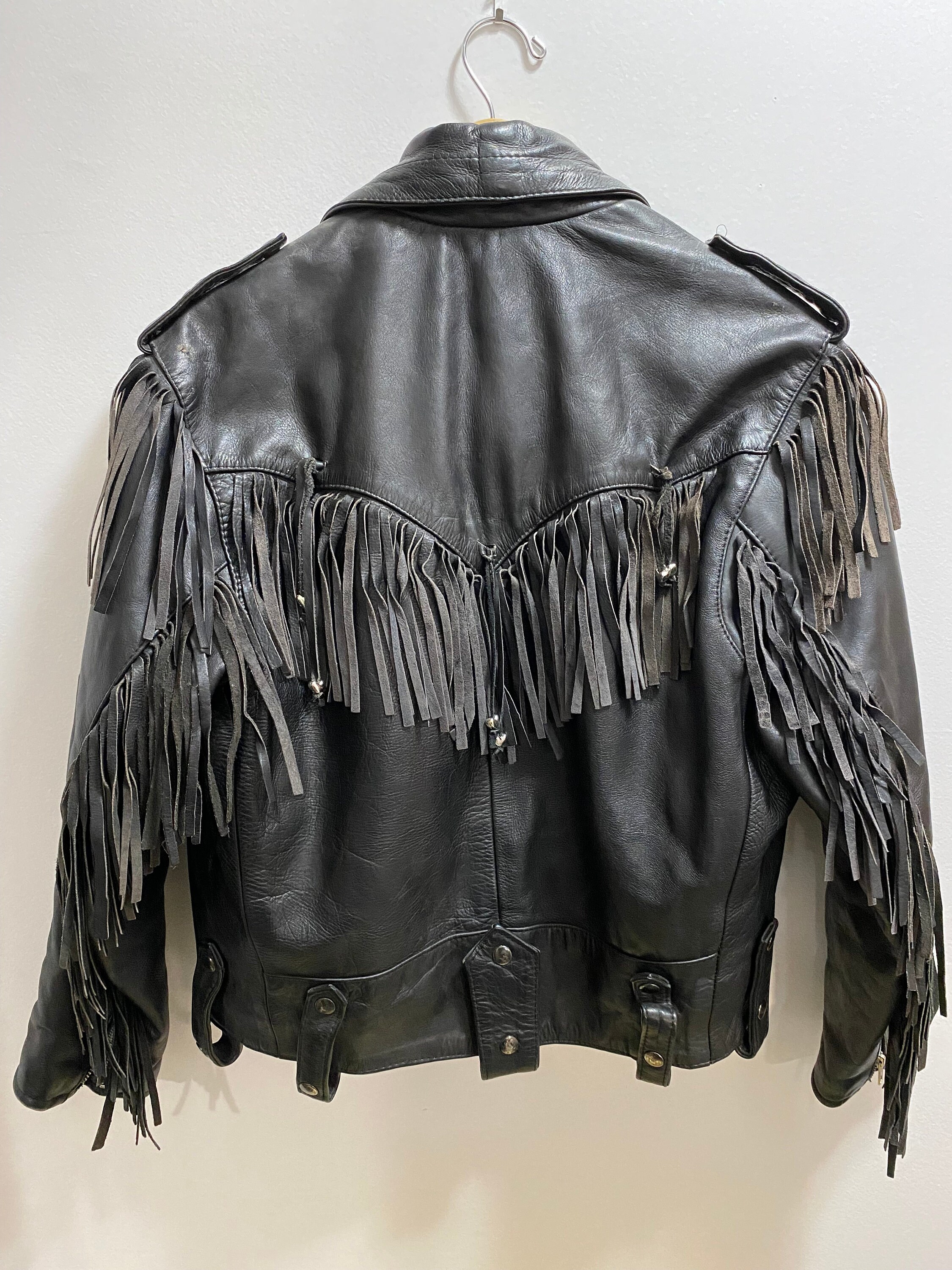 Vintage 1980s Leather Motorcycle Jacket Black Coat Fringe