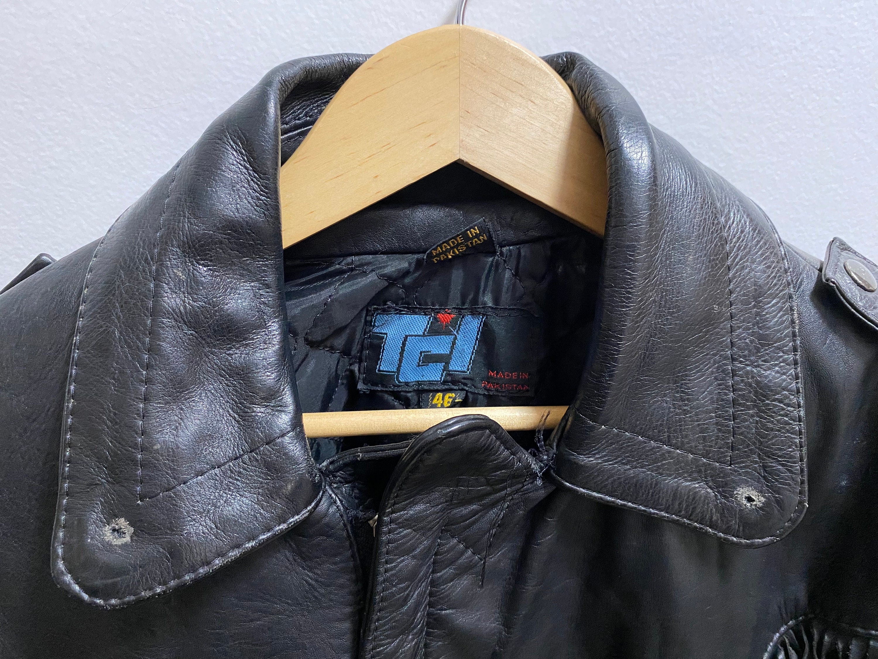Vintage 1980s Leather Motorcycle Jacket Black Coat Fringe