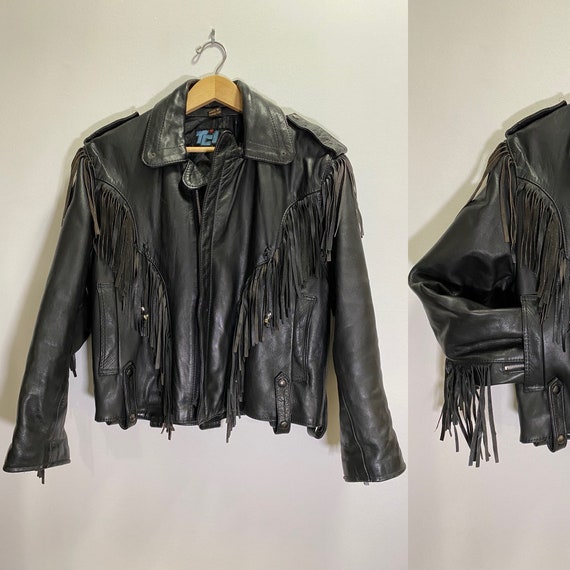 ジャケット・アウター Leather Motorcycle Jacket Vintage Vintage 1980s Leather Motorcycle Jacket Black Coat Fringe Quilted