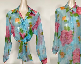 1990s Vintage Sheer Floral Blouse Button Down Shirt Collar Top Women Blue Pink See Through Cover Up Cropped Spring Flower Summer Large long