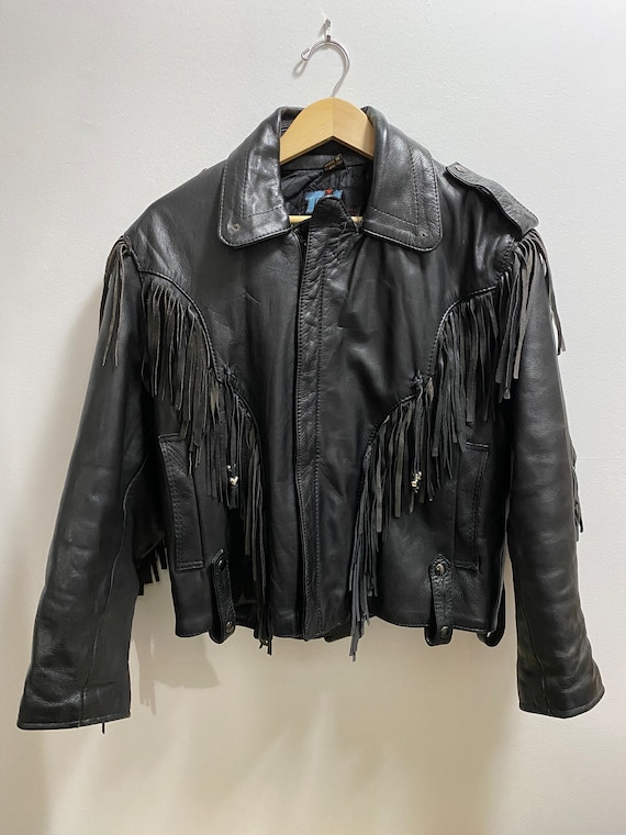 Vintage 1980s Leather Motorcycle Jacket Black Coat Fringe