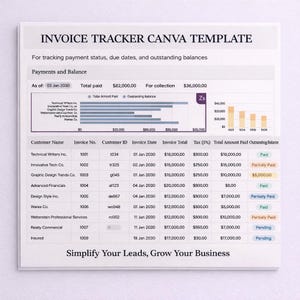 May include: Invoice tracker Canva template with a white background. The template includes sections for payments, balance, customer information, invoice details, and a bar graph. Text includes "Simplify Your Leads, Grow Your Business."