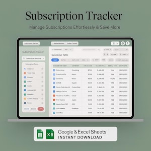 Op de afbeelding: Een digitale tablet toont een abonnemententracker-interface met een tabel met abonnementsdetails. Het scherm toont een lijst met abonnementen, factureringscycli en kosten. De tekst "Subscription Tracker" en "Google & Excel Sheets INSTANT DOWNLOAD" zijn zichtbaar.