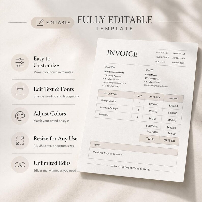 Editable Canva Invoice Template | Modern Business Billing Form ...