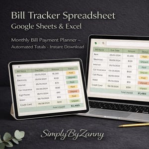 Pode incluir: Uma folha de cálculo digital de rastreamento de contas exibida em um tablet e laptop. A planilha mostra informações mensais de pagamento de contas, incluindo datas de vencimento, valores e status de pagamento. O texto diz "Bill Tracker Spreadsheet" e "Monthly Bill Payment Planner".