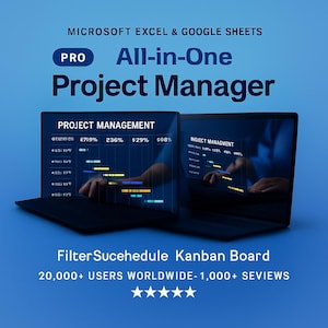May include: A blue graphic promoting a project management tool for Microsoft Excel and Google Sheets. The text reads "All-in-One Project Manager" with two laptops displaying project management data. Additional text includes "Filter, Schedule, Kanban Board".