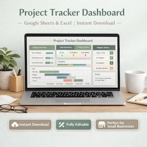 May include: A laptop displaying a project tracker dashboard, with sections for project overview, task summary, and project status. The screen shows a timeline and data visualization. The text on the screen reads "Project Tracker Dashboard". The image also includes a coffee mug, glasses, and a notepad.