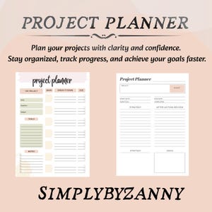 May include: Two project planner pages with a soft pink background. The left page has sections for project details, tools, and notes. The right page includes sections for project, budget, strategy, and ideas. The text "PROJECT PLANNER" and "SIMPLYBYZANNY" are also visible.