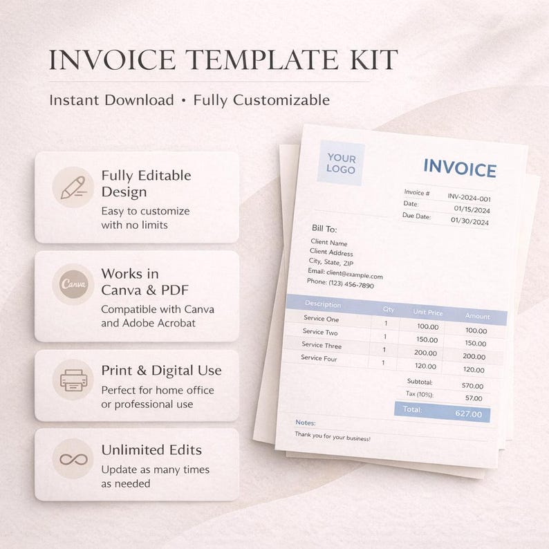 Editable Canva Invoice Template | Modern Business Billing Form ...