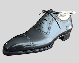 Handcrafted Goodyear Welted Black Leather Lace Up Toe Cap Brogue Oxford Shoes