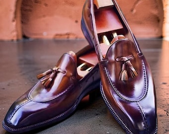 Chaussures à glands en cuir de veau marron pour hommes faites main, mocassins pour hommes sans lacets