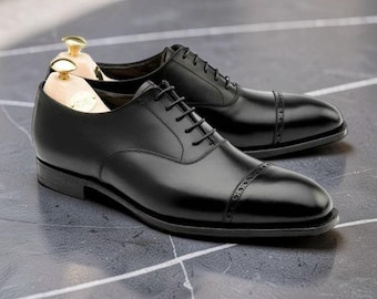 Chaussures habillées richelieu en cuir noires pour hommes, chaussures habillées en cuir noires faites main