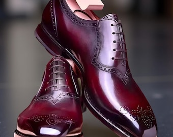 New Men's Handmade Genuine Burgundy Leather Oxford Lace up Dress Shoes
