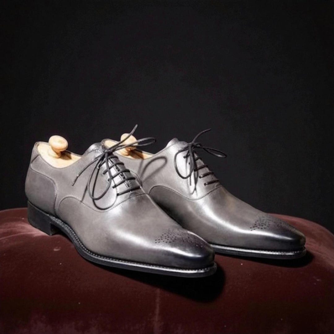 Men Handmade Genuine Gray Oxford Leather Shoes Formal Lace  display picture 2