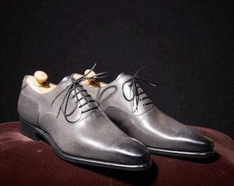 Men Handmade Genuine Gray Oxford Leather Shoes Formal Lace Up Custom Dress Shoe