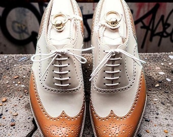 Zapatos de vestir Oxford con cordones y punta de ala de piel de becerro de dos tonos hechos a mano para hombre