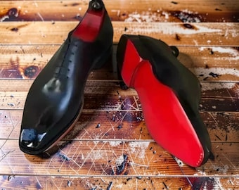 Turkish black leather oxford shoes, formal dress leather Brogue red Sole shoes