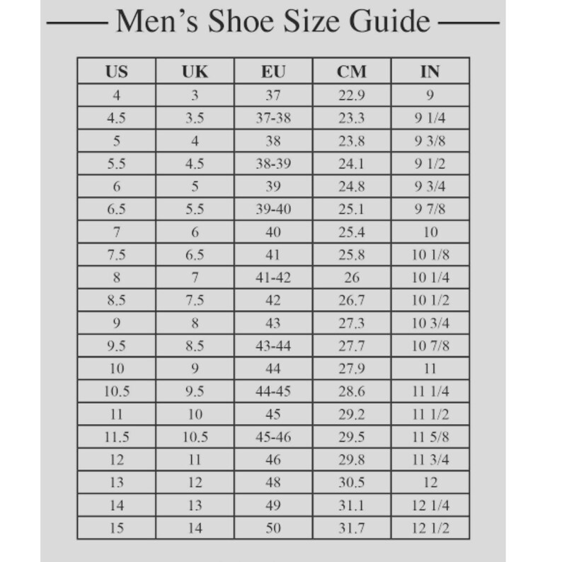 May include: A shoe size conversion chart for men, with US, UK, EU, CM, and IN measurements. The chart includes sizes from US 4 (22.9 cm, 9 in) to US 15 (31.7 cm, 12 1/2 in), with corresponding UK and EU sizes.
