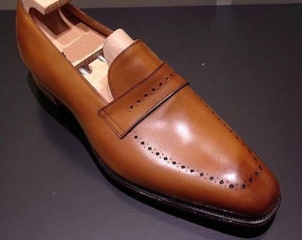 Handmade Tan Brown Leather Brogue Loafers