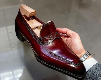 Handmade Burgundy Leather Loafers for Men – Italian Style Dress Shoes