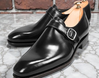 Handgemaakte zwarte leren schoenen heren instapper formele jurk met enkele monniksband