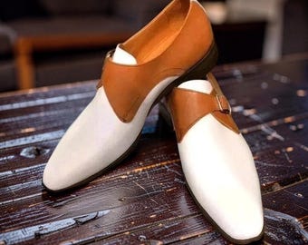 Handmade Men Brown & White Leather Single Monk Strap Dress Formal Bespoke Shoes