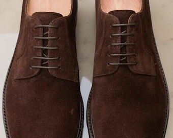 Handmade Genuine Brown Suede Leather Lace Up Oxford Formal Dress Shoes For Men's
