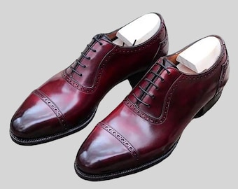 Men Genuine Handmade Leather Shoes Burgundy Cap-Toe Lace-Up Formal Dress Boot