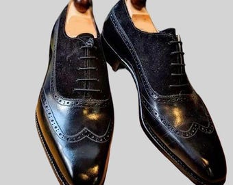 Handmade Men's Black Leather, Suede Wingtip dress shoes, Men Oxford Formal Shoes