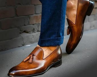 Tailor made Men's Real Brown Leather Formal Slip On Dress Tasseled Loafer Shoes