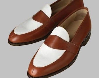 Zapatos de cuero marrón y blanco para hombre, hechos a mano, sin cordones, estilo Spectator.