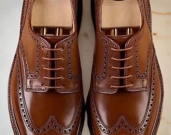 Men's Handmade Genuine Brown Leather Oxford Lace Up Wingtip Formal Dress Shoes