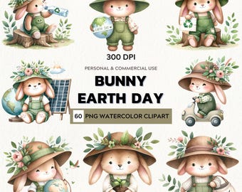 Watercolor Bunny Clipart Set: Earth Day Illustrations (Digital Download)