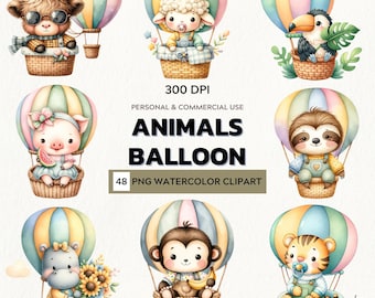 Whimsical Joy – Watercolor Clipart Set of Animals in Balloons