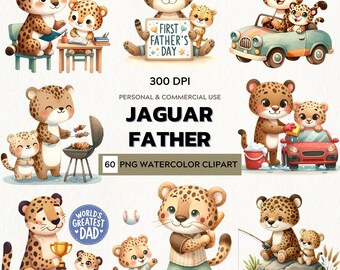 Heartfelt Bond – Watercolor Clipart Set of Jaguar Fathers