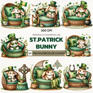 Peut inclure: Ensemble de cliparts aquarelle représentant des lapins célébrant la Saint-Patrick. Chaque lapin porte un chapeau vert et est assis sur un coussin vert. L'image contient le texte "St. Patrick Bunny" et "24 PNG Watercolor Clipart".